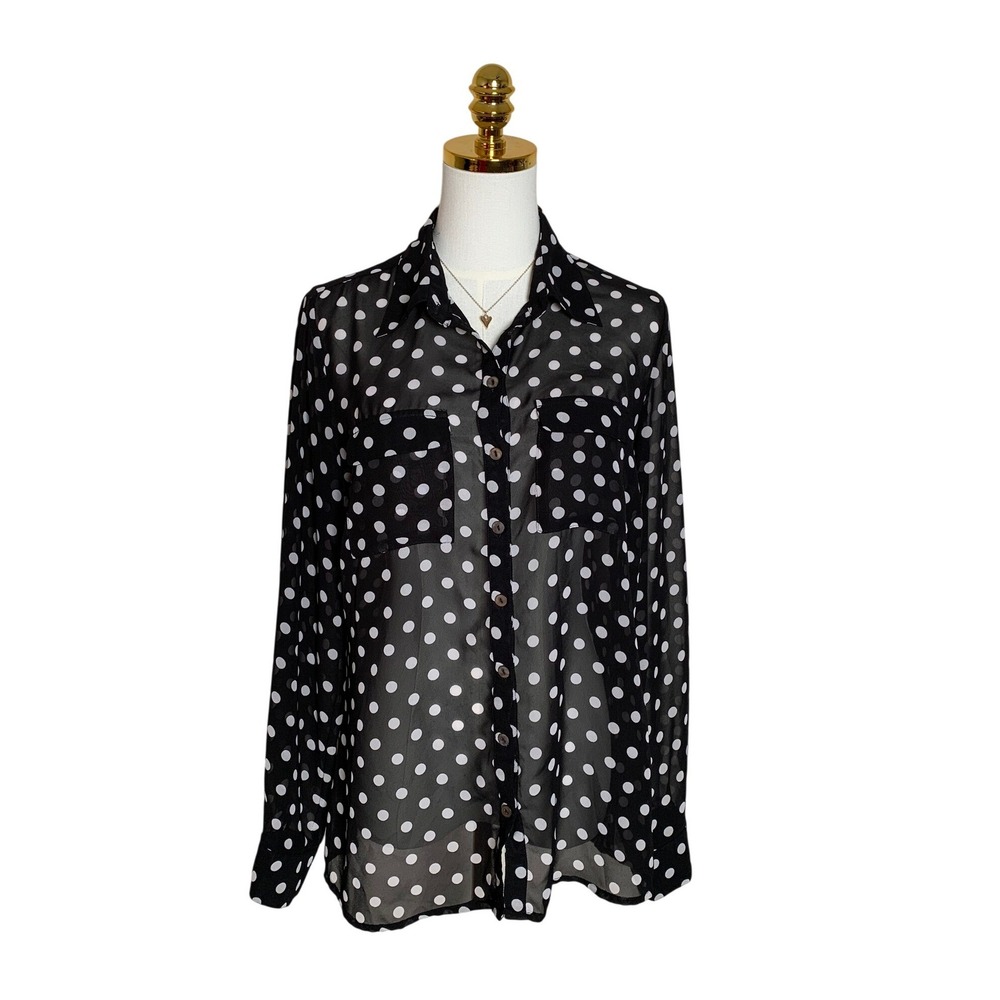 Tracy M Womens Large Black White Polka Dot Chiffon Button Up Blouse Long Sleeve